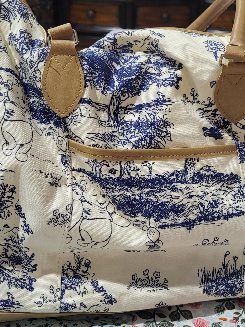 Canvas Tote Bag in Cream with Navy Print and Tan Trim